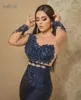 Aso Ebi 2022 Arabic Navy Blue Mermaid Evening Dresses Lace Beaded Prom Dresses Sheer Neck Formal Party Second Reception Gowns F0325