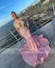 Sexy Illusion Pink Mermaid Prom Dresses For Black Girls Beads Rhinestone Sequins Aso Ebi Birthday Party Dress Robe De Bal