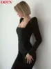 OOTN Elegant Black Bodycon Dress Stretch Square Neck Long Sleeve Party Dresses Women Spring Split Mid-Calf Solid Sexy Dress 2022 T220804