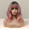 Short Bob Synthetic Wavy Wig with Bangs Ombre Black Pink Shoulder Length Wigs For Women Natural Cosplay Hair