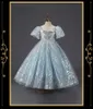 2023 Cute Light Sky Blue Girls Pageant Dresses Princess Tulle Lace sequined Pearls Kids Flower Girl Dress Ball Gown Birthday Gowns Floor Length Hand Made Flowers
