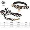 Klassische schwarze weiße karierte Hundekragen und Leinen Set Soft Designer Leder Hundehalsband für kleine Hunde Poodie Chihuahua Pomeranian Yorkshire Outdoor Walk B77