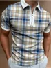 夏のシックな格子縞のカジュアルメンズ半袖ポロシャツパッチワークターンダウンカラージッパーデザインメン
