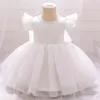 Robe d'été blanche de baptême avec nœud, tenue d'anniversaire pour bébé fille, vêtements de fête de mariage rose, robe de princesse pour enfants