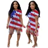 Kvinnors spårsättningar Summer American Flag Printed Tees 2 Piece Set Casual Skinny Top Short Sleeve Tassels Biker Shorts Stripe Fashion Street w