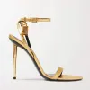 Designer de luxo Sapatos femininos de salto alto New Tomford Metal Metal Sandals de banda de palavra estreita 10,5cm Transporte de couro feminino
