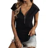 Magliette estive per camicie da donna T-shirt sexy a maniche corte in pizzo a taglio basso con cerniera T-shirt a tunica con scollo a V Camicette pullover casual Top