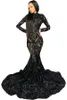 2022 Hoge nek glanzende appliques zwart meisje prom jurken | Mermaid avondjurken met lange mouwen