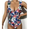 Kvinnors badkläder Kvinnor Ruffle One Piece Swimsuit Sexig V Neck Slimming Bathing Summer Brasilian Beachwear Printed Monokini S-Xlwomen's