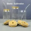 Sublimering 12oz 16oz Clear Glass Tumbler Juice Kan Personlig Kaffe Kopp med Bambu Lock Plast Straw Cup Frosted Water Cup SXA11