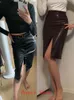 Vrouwen faux lederen spleet potlood kantoor rok herfst lente streetwear hoge taille zwart bruin sexy bodycon midi rokken 220317