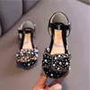 2022 New Childrens Shoes Bow Pearl Rhinestones Shining Kids Princess Shoes Girls Dance Performance Shoes for Party and Wedding G220523