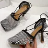 Designer-Women Sandals Ankle Cross bundet High Heel Sandal Crystal Green Fishnet Pumpar Runway Square Toe Female Shoes Storlek 35-42