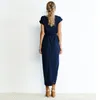 Printemps mode robe élégante grande taille femmes vêtements décontracté à manches courtes col rond bleu ample fendu irrégulier W220315