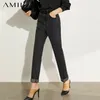 Amii minimalizm letni jesień mody dżinsy przyczynowe bawełniane czarna czarna wysoka talia prosta dżinsy na kostkę 12040026 210302