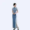 Kinesisk stil etnisk kläder blå nationell lång mantel kvinnlig elegant kostym sommarklänning asiatisk vintage klänning
