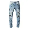 Mens Jeans Letter Embroidery Slim Distressed Denim Pants Blue Torn Tattered Ripped Black Patches Skinny Straight With Holes Size 28-40 Long Softener Cute Fashinon