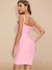 BEAUKEY Fashion Pink Sexy HL Bandage Dresses Women Spaghetti Strap Belt Sashes Green White V Neck Party Club Vestidos Bodycon 220613