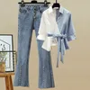 Pantalones de mujer Summer sólido sólido de gran tamaño coreano camisa jeans moda cintura alta civil suelta jean jean de 2 piezas