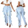 Jeans das Mulheres Wuhe Mulheres Lado Ruffles Tassel Denim Calças Zipper Cintura Alta Lavada Rasgado Streetwear