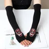 Fünf Finger Handschuhe Frauen Cool Skull Sailor Elastizität Tanz Strass Punk Handschuh Weiblich Schwarz Halbfinger Lang Gestrickter Warmer Fahrhandschuh