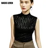 Kobiety Odzież Bez Rękawów Turtleneck T-shirt List Enloced Mesh Woman Top Wiosna Lato Topy na 220325