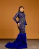 2022 Plus Size Arabic Aso Ebi Royal Blue Mermaid Prom Dresses Lace Pärled Feather Evening Formal Party Second Reception Birthday Engagement Gowns Dress ZJ211