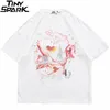 Hip Hop Büyük Boy Yıkalı T-Shirt Street Giyim Harajuku Yırtık Grafik Baskı Tişört Erkekler İlkbahar Yaz Kısa Kollu Tshirt 220323