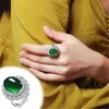 Zarif ve Şık Platin-Kaplamalı Lüks Saray Fantezi Yeşil Yeşim Yüzük Tam Elmas Açık Çiçek Kalsedon Kristal Jasper Ring