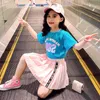 Clothing Sets Teen Girls White Blue Short Sleeves Tshirt Mini Pleated Skirt Suit Japanese Korea Style Micro A-line SkirtsClothing