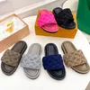 2022 Poolkudde Comfort Sandaler Designer Tofflor Dam Mule Tofflor Lady Nylon Skor Rem Män Läder Sandal Solnedgång Platt Slide Med Box NO356