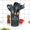 Silicone Kitchen Utensil Set 12 Pieces Cooking with Wooden Handles Holder for Nonstick Cookware Spoon Soup Ladle Slotted Whisk Ton4997334