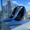 Designer Heels Denim Dress Shoes for womens Luxury Metal lock decorate Buckle pointed toes pumps Pendant string combination 100% cowhide gold heels 105mm high shoe