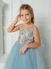 결혼식을위한 사랑스러운 파란색 꽃 소녀 드레스 아플리케 구슬로 된 얇은 명주 그 여자 소녀 대회 가운 보우 생일 파티 아이 드레스 MC2302