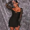 Casual Dresses Sexy Slim Mini Bodycon Dress Spring Sommar Fashion Square Neck Club Party Kvinnor Solid Långärmad Draped Gaze