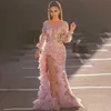 Soirée femmes élégant Sexy col en V fendu côté volants rose robe boîte de nuit bal de mariage longue Maxi grande taille