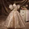 Princess Flower Girls Dresses For Weddings Gold Sequined Top Tulle Girls Pageant Ball Glows Hollow Back Jewel First Holy Communion Dresses Cheap