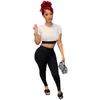 New Wholesale Women Tracksuits Summer Clothes Solid Outfits Short Sleeve Crop Top Shirt+Black Pants Two Piece Set Casual Matching Set Sports suits Bulk 7206
