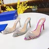 Womens Beach Sandals Fashion Leather Heel Heel Heel Slides Lady Sexy Dance Designer Shoe Metal High Heel Bar Bar Diamonds Pointed Crystal Shoes Size 35-41-42