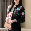 Plus Size Korean Print Stand Black Long Sleeve Top Clothing Chiffon Blue for Women Spring Fashion Button Bluas Femininas 210401