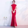 Casual Dresses Red Half Sleeve Elegant Oriental Lady Wedding Cheongsam Traditionell kinesisk brud Mermaid Dress Mandarin Collar Long Qipao
