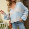 Women's Knits & Tees Women Pullovers Sweater Contrast Colors Warm Long Sleeves Thermal Knitting V Neck Striped Elastic Spring Autumn Sweater