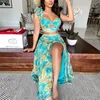 Summer Women Sexy Slim Two Piece Set Off Axel Split Floral Print Crop Tops och Long Kirt Suit Lady Elegant 2 Piece Set 220725