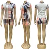 J2668 Luxury Lapel Plaid Short Sleeve Shorts Two-piece Set Letter Print Women Clothing