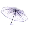 Fashion UV proof sun transparent umbrella Cherry Blossom three fold umbrella Semi automatic long handle umbrellas W0