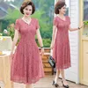 Casual Dresses Women Summer Chiffon Dress Ladies Middle-Aged PRINT SHORT SLEEVE PLEATED KVINNA VINTA VELK VESTIDOSKASUAL