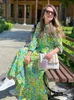 فوردوول بيزلي قميص طباعة فستان أنيقة الخريف الشتاء الأخضر الأزهار بوهو أنثى ماكسي طويلة الأكمام 220511