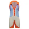 2023 Woolen Jumpsuit Women Panel Contrast Irregular Print Basic Lapel Button Sleeveless Tight Shorts Pants