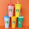 24oz/16oz Kids canecas Starbucks Cups de cor de cor de copos de plástico com palha e tampa de uso repetido de bebida bebendo copo Starbuck Multicolor Starbuck