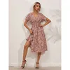 Chiffon Dress Summer Dress Retro Yellow Red Floral Print Female Casual V-neck Short-sleeved A-line Beach Long Robe Dress 220513